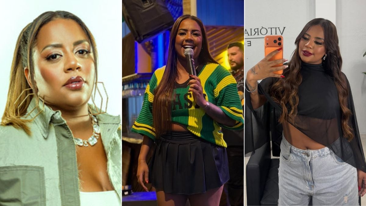 MC Rita aparece em três fotos: em close com roupa clara, cantando ao microfone em palco com vestido colorido e outra selfie em ambiente interno, mostrando o rosto e a expressão da cantora.