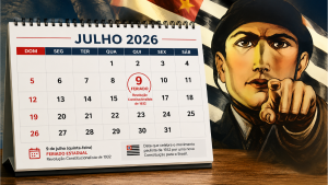 Calendário de julho de 2026 com destaque no dia 9 de julho como feriado estadual, com texto sobre Revolução Constitucionalista de 1932, ao lado de ilustração de homem com estandarte ao fundo.