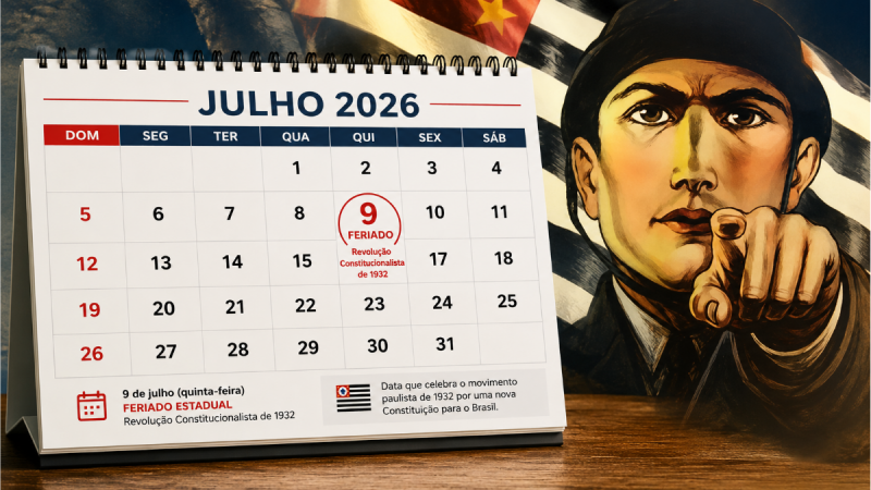 Calendário de julho de 2026 com destaque no dia 9 de julho como feriado estadual, com texto sobre Revolução Constitucionalista de 1932, ao lado de ilustração de homem com estandarte ao fundo.
