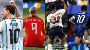 Colagem com quatro jogadores de futebol em ação e suas camisas com os nomes Messi, Haaland, Bellingham e Mbappé, representando opções de torcidas após a eliminação do Brasil na Copa do Mundo.