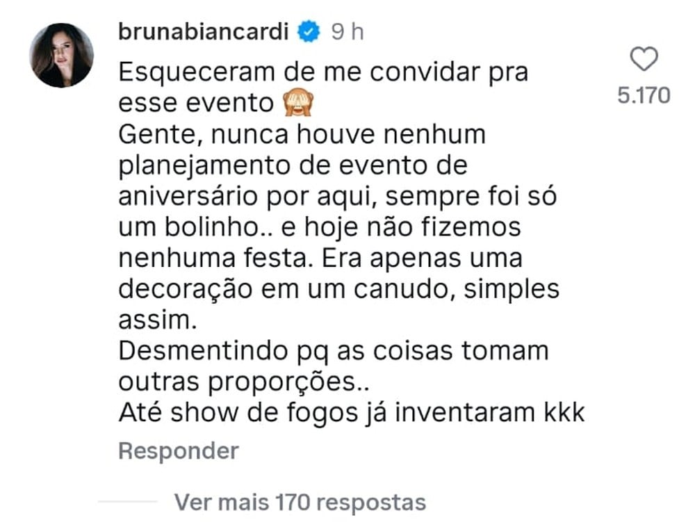Post no Instagram de Bruna Biancardi com texto afirmando que não houve cancelamento de festa e que apenas foi uma decoração simples para a filha, desmentindo rumores após eliminação.
