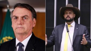 Comparativo de imagens do deputado Zé Trovão: à esquerda, Jair Bolsonaro em foto oficial; à direita, Zé Trovão em discurso no Congresso, de terno e chapéu, falando ao microfone.