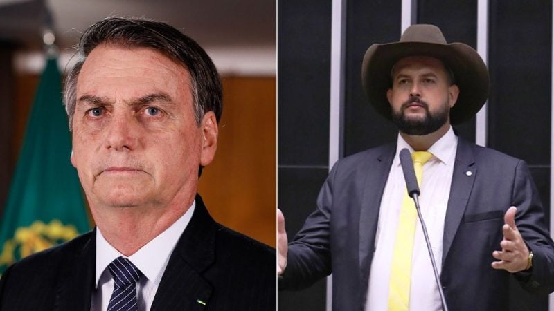 Comparativo de imagens do deputado Zé Trovão: à esquerda, Jair Bolsonaro em foto oficial; à direita, Zé Trovão em discurso no Congresso, de terno e chapéu, falando ao microfone.