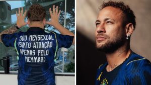 Foto de Neymar com camisa da seleção brasileira e, ao lado, um torcedor de costas usando texto “SOI NEYSEXUAL”, referência ao termo Neysexual criado por fãs de Neymar nas redes sociais.