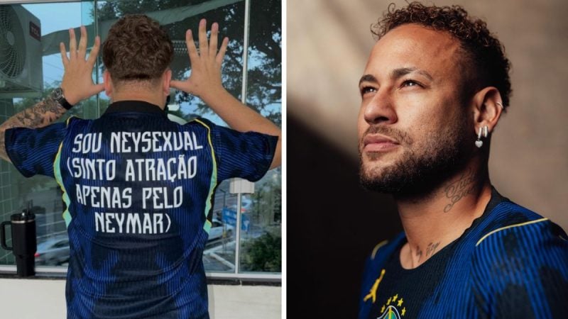 Foto de Neymar com camisa da seleção brasileira e, ao lado, um torcedor de costas usando texto “SOI NEYSEXUAL”, referência ao termo Neysexual criado por fãs de Neymar nas redes sociais.