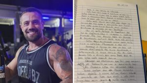 Rafael Cardoso aparece à esquerda, sorrindo em cenário de estúdio, e à direita há uma foto de uma carta manuscrita em papel, relacionada à internação do ator.