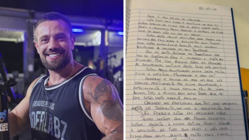Rafael Cardoso aparece à esquerda, sorrindo em cenário de estúdio, e à direita há uma foto de uma carta manuscrita em papel, relacionada à internação do ator.