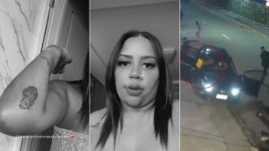 MC Rita em três imagens: close do corpo com marca, selfie em ambiente interno e cena externa com viatura e circulação em via, relacionada ao atropelamento em São Vicente.