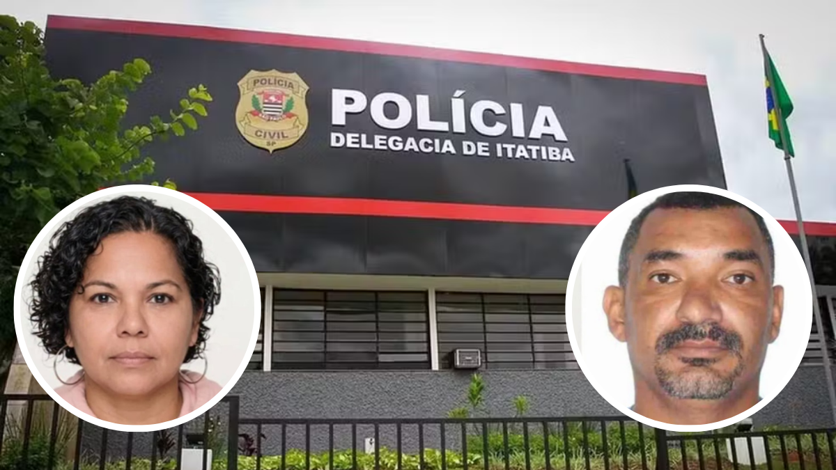 Imagem de notícia sobre feminicídio em Itatiba: fachada da Polícia Civil de Itatiba e dois retratos em destaque, com mulher e homem identificados para a investigação do caso.
