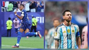 Comparativo de dois jogadores em campo durante partidas internacionais: à esquerda um atacante comemora com gesto de braço levantado usando uniforme azul, e à direita Lionel Messi em uniforme da Argentina, ambos associados à artilharia da Copa do Mundo 2026 e à disputa pelos gols no torneio.