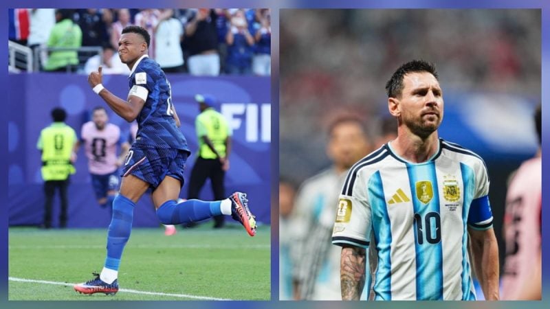 Comparativo de dois jogadores em campo durante partidas internacionais: à esquerda um atacante comemora com gesto de braço levantado usando uniforme azul, e à direita Lionel Messi em uniforme da Argentina, ambos associados à artilharia da Copa do Mundo 2026 e à disputa pelos gols no torneio.