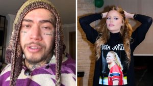 Whindersson Nunes e Luísa Sonza aparecem lado a lado em imagem dividida: ele com tranças e expressão séria, ela com mãos na cabeça usando moletom escuro com estampa.