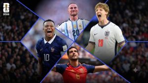 Semifinais da Copa do Mundo 2026 com destaque para jogadores comemorando em campo em cena de rivalidade e disputa pela vaga na final.