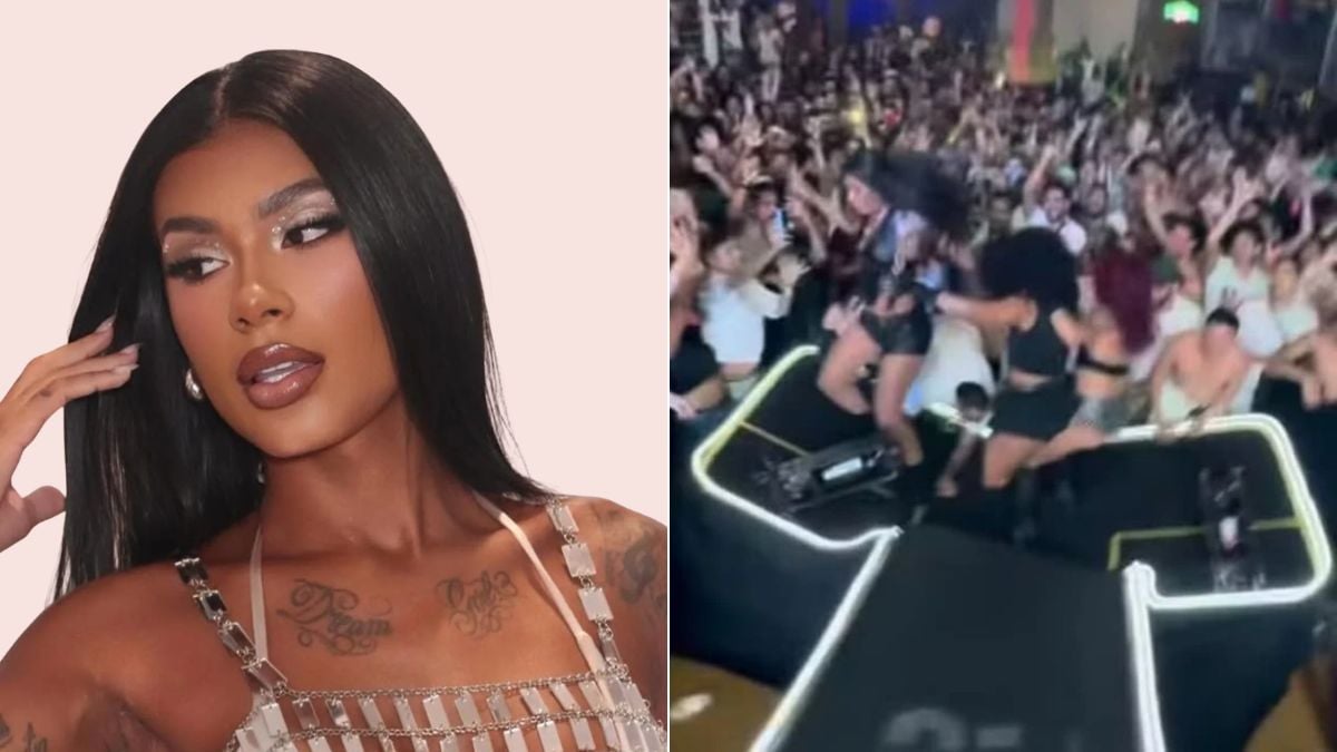Imagem em colagem: à esquerda, Pocah em foto promocional; à direita, cena durante show com público e palco, sugerindo acidente em que Pocah e dançarinas caem após parte do palco desabar.