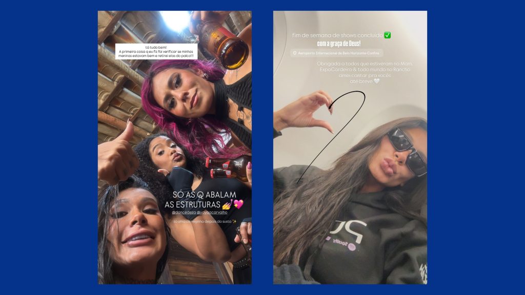 Collagem do Instagram com Pocah em bastidores após acidente no show, em fotos ao lado de bailarinas; cantora tranquiliza fãs e diz que não houve ferimentos.