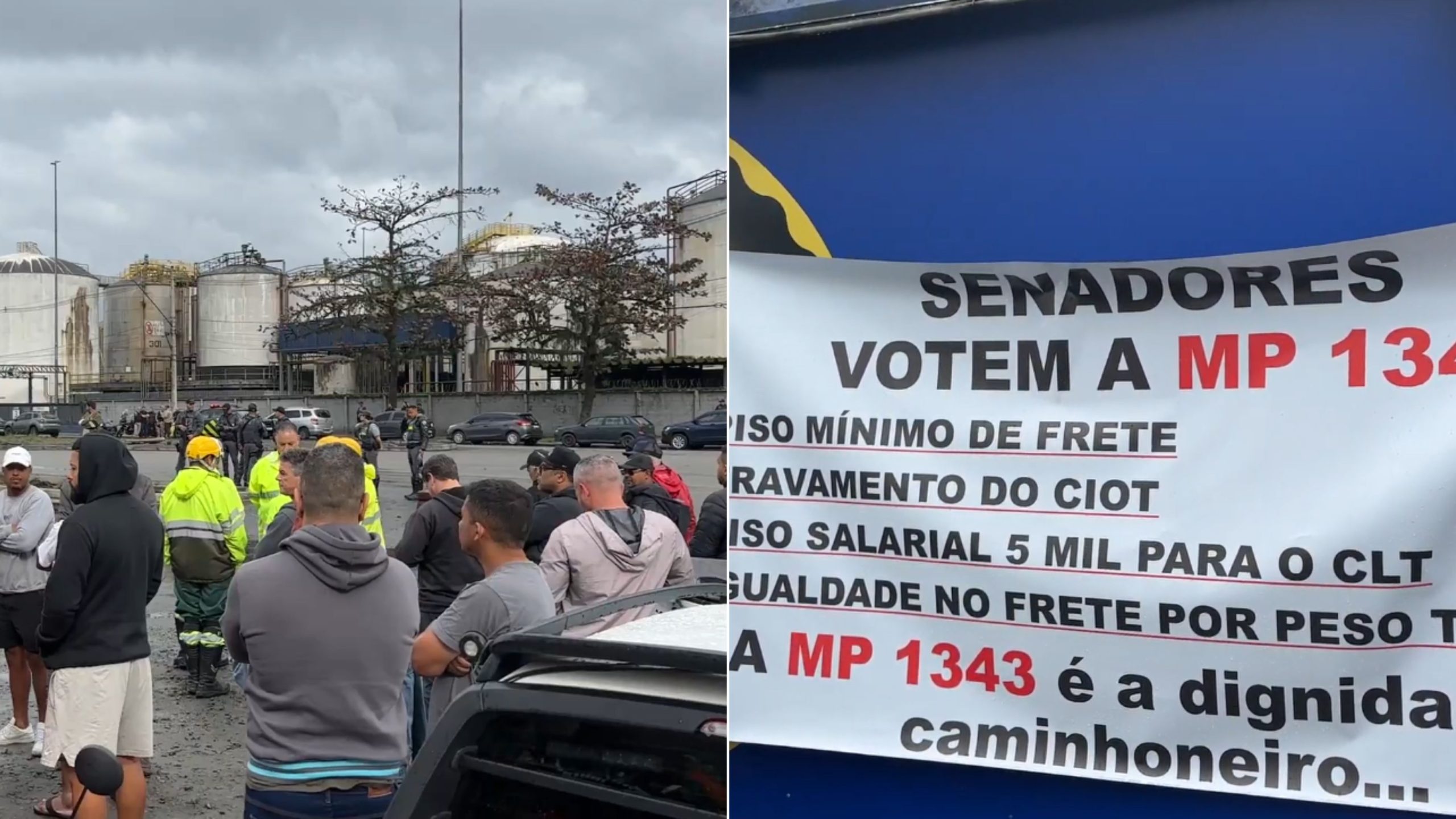 Caminhoneiros se reúnem em área portuária no litoral de SP durante Greve caminhoneiros, enquanto um caminhão com faixas e cartaz faz referência a mudanças no setor.