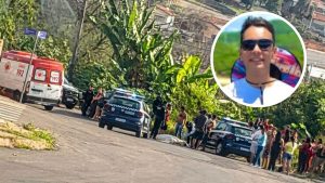 Cena policial em rua com viaturas e equipes de segurança após tentativa de assalto em Mogi Mirim, com foto do comerciante morto em destaque no detalhe circular.