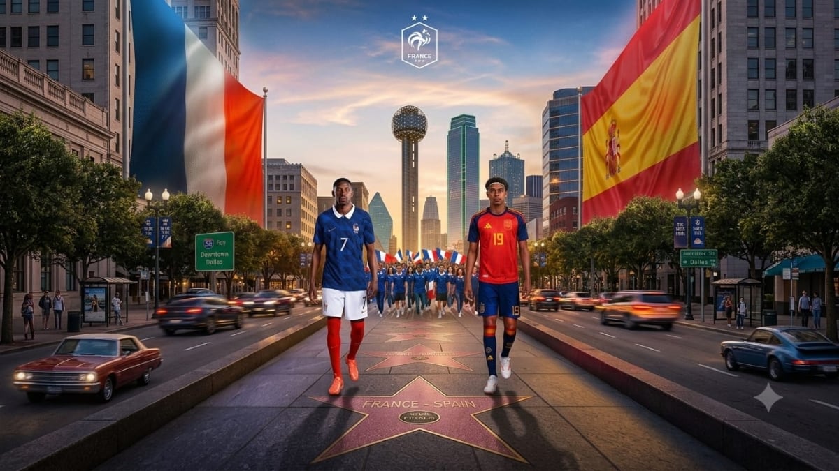 Imagem do confronto França x Espanha com jogadores em campo no centro de uma avenida ao entardecer, bandeiras dos dois países ao fundo e sinalização de futebol para disputa de vaga na final.