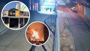 Incêndio em loja no Centro de Campinas: homem aparece quebrando a vitrine e iniciando fogo, com chamas e fumaça saindo do estabelecimento, em imagem de vídeo