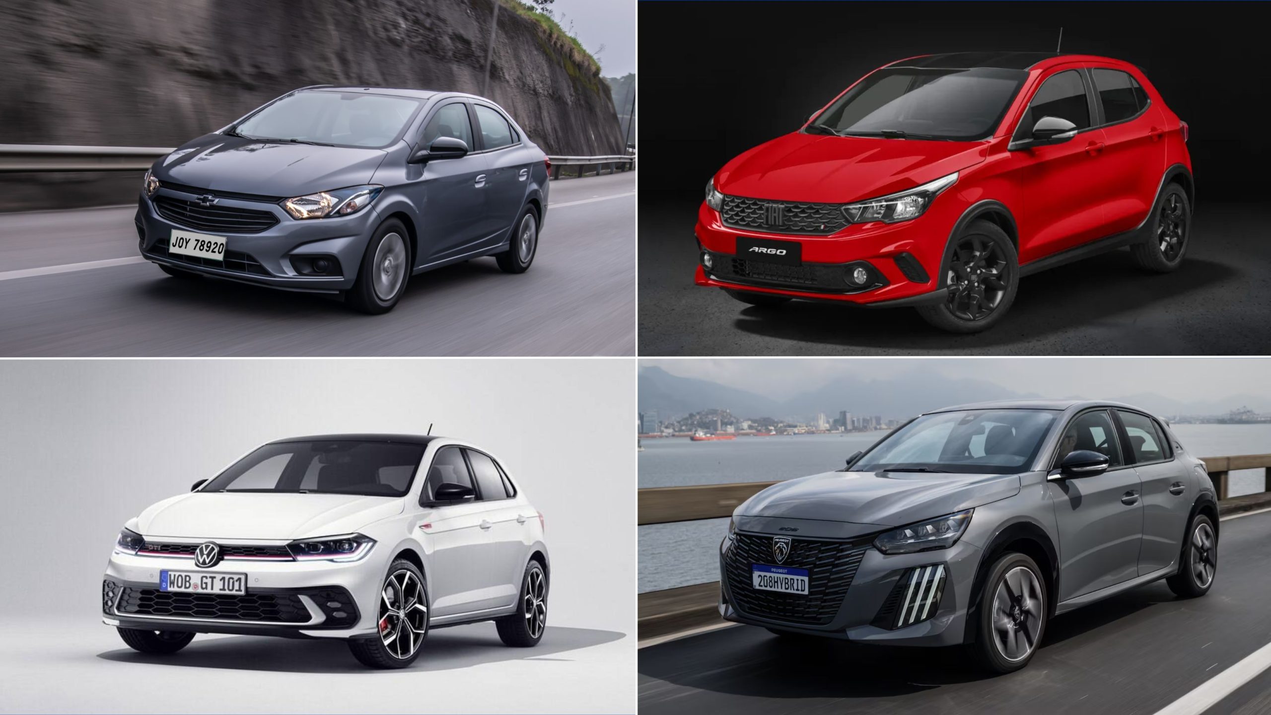 Montagem com quatro carros em destaque: Chevrolet Onix, Chevrolet Argo, Volkswagen Polo e Volkswagen Virtus. Contexto da Uber: exclusão de modelos Polo, Argo e Virtus das categorias Comfort e Black, com lista informativa.