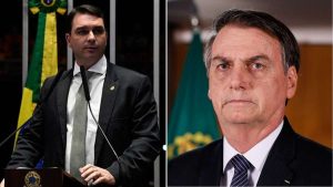 Imagem em composição mostra Flávio e Jair Bolsonaro em fotos oficiais, em contexto de notícia sobre Moraes proibindo Flávio de visitar Bolsonaro por 90 dias após divulgação de carta.