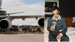 Foto em composição sobre a logística dos shows de Harry Styles em São Paulo: avião estacionado em área de carga com equipamentos ao fundo e, ao lado, o cantor Harry Styles em um quarto com uma bebida na mão.