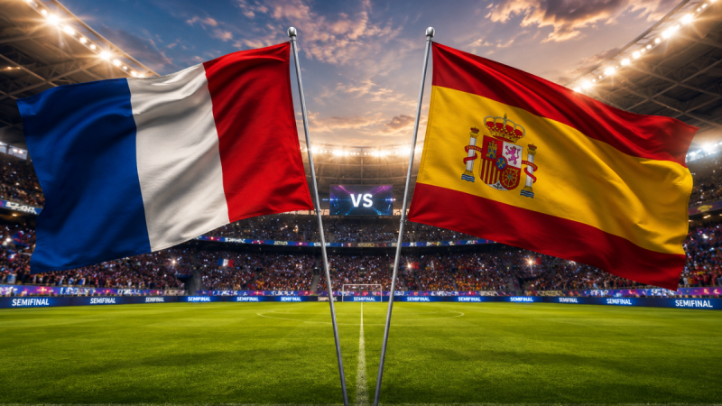 Bandeiras da França e da Espanha tremulando em um estádio em noite de jogo, com placar ao fundo e clima de semifinal que define o finalista da Copa, França x Espanha