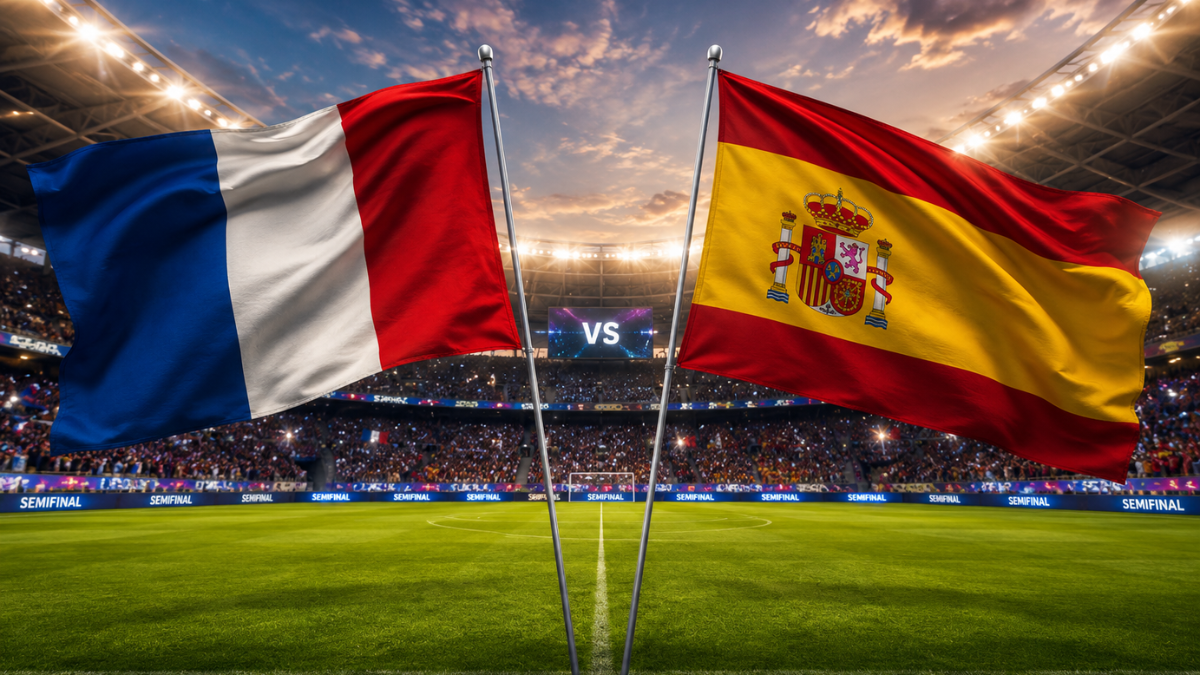 Bandeiras da França e da Espanha tremulando em um estádio em noite de jogo, com placar ao fundo e clima de semifinal que define o finalista da Copa, França x Espanha