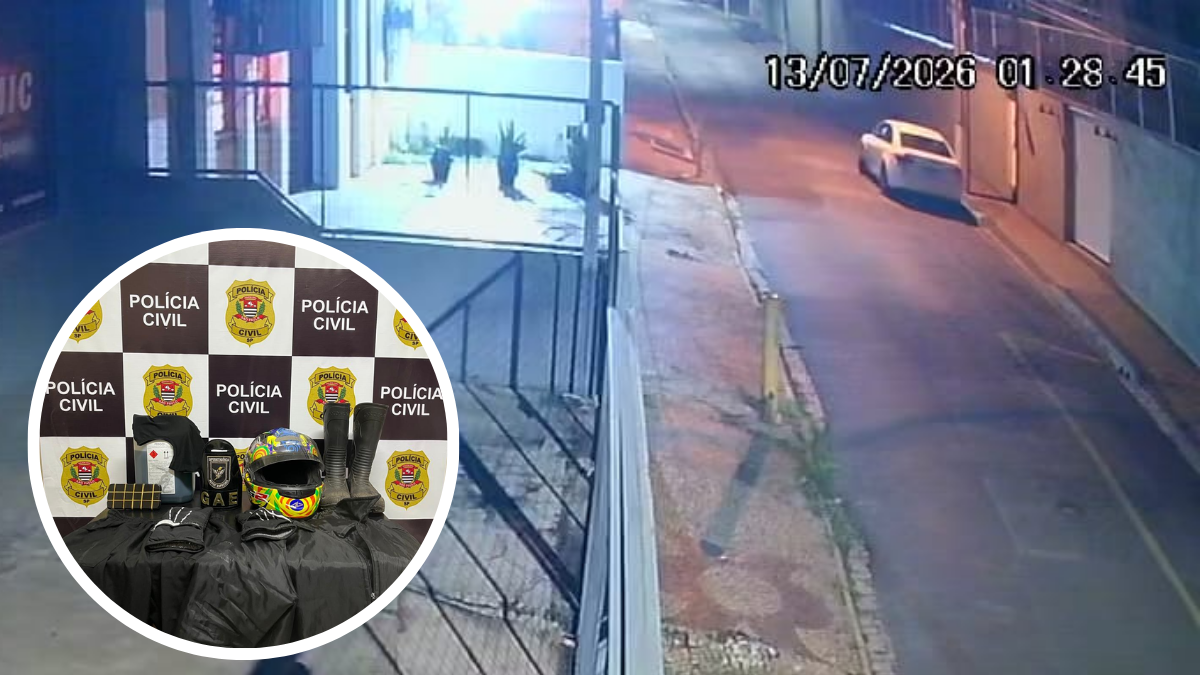 Imagens de CFTV mostram corredor com área queimada e fumaça, com detalhes de evidências em destaque pela Polícia Civil, relacionadas ao caso de suspeito de incendiar loja em Campinas e ser preso no Centro.