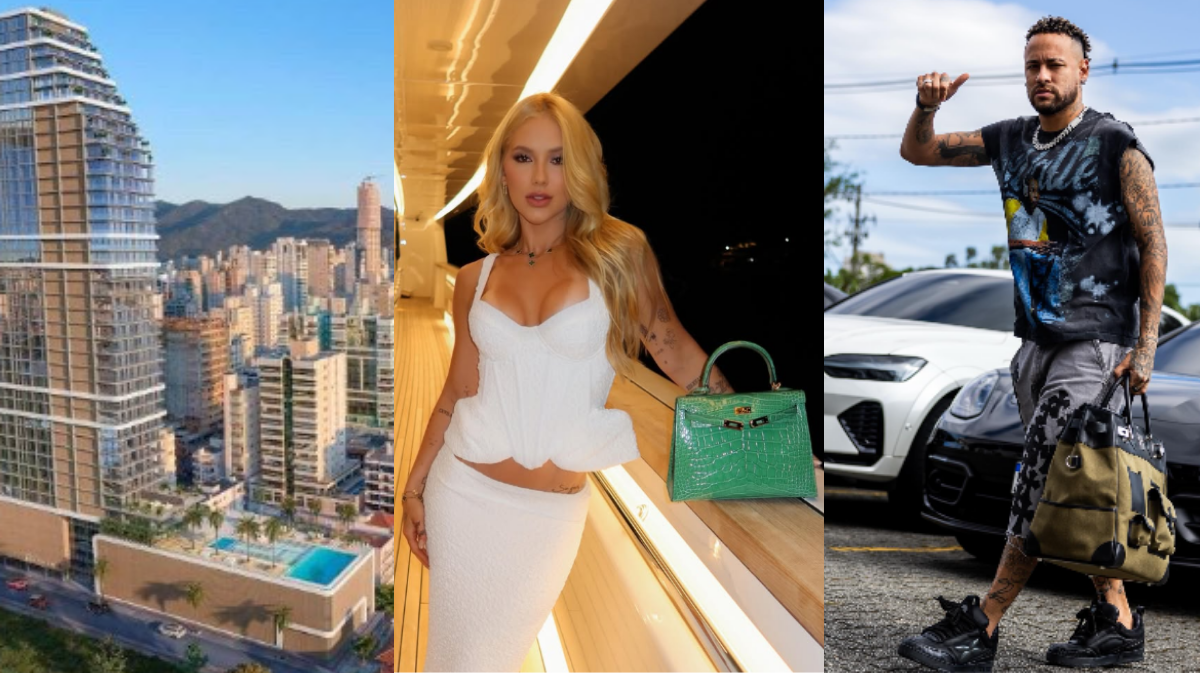 Montagem com Virginia em um prédio alto com vista para a cidade e, ao lado, um homem saindo de um carro com uma grande bolsa, sugerindo compra de apartamento e possível proximidade entre vizinhos.
