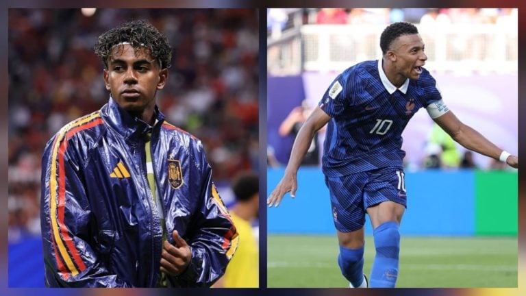 Comparação em foto entre Lamine Yamal e Mbappé: à esquerda, Lamine Yamal em jogo com camisa da Espanha; à direita, Mbappé comemorando em campo com uniforme da França. Rivalidade e destaque na Copa.