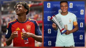 Semifinal da Copa: montagem com dois jogadores em clima de partida, um com camisa da França e outro com camisa da Espanha, com troféu e cenário esportivo de anúncio para previsão do confronto.
