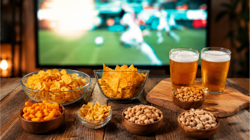 Mesa com snacks e bebidas durante a Copa do Mundo: taças com cerveja e tigelas com nachos, amendoim e chips, evidenciando vendas na Copa do Mundo mesmo sem o Brasil em campo.