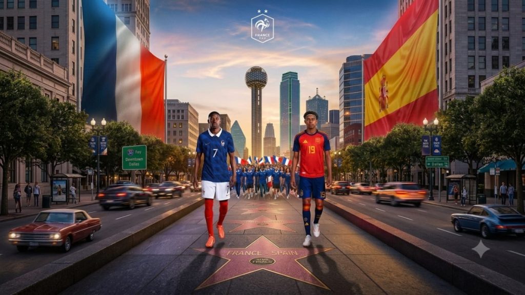 Semifinal da Copa com França e Espanha: dois jogadores com camisas das seleções caminham em uma avenida de cidade ao entardecer, com bandeiras dos países ao fundo e clima de partida