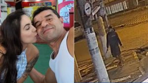 Mulher e homem em foto de casal ao lado de cena externa à noite em São Vicente, com rua iluminada; imagem usada como referência em notícia sobre mulher morta a facadas.
