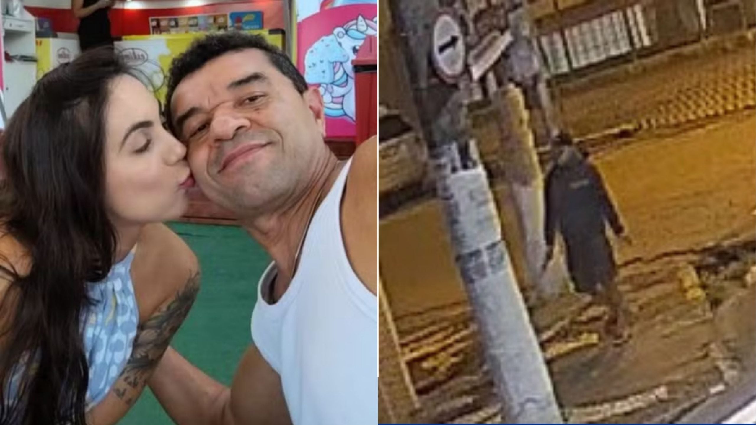 Mulher e homem em foto de casal ao lado de cena externa à noite em São Vicente, com rua iluminada; imagem usada como referência em notícia sobre mulher morta a facadas.