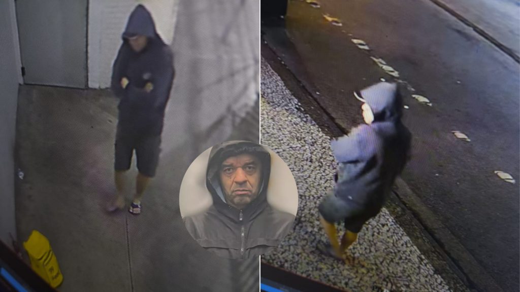 Imagem em duas partes de câmeras de monitoramento mostrando um homem encapuzado na rua e um close do suspeito com capuz e casaco escuro, em investigação policial.