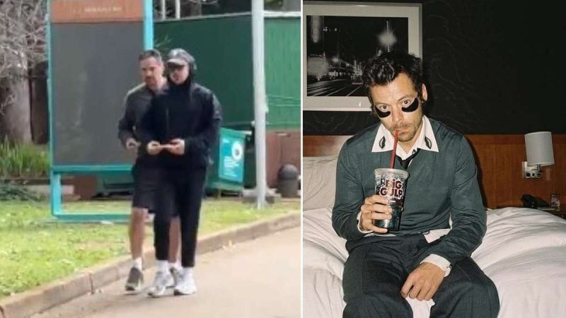 Harry Styles é flagrado no Parque Ibirapuera, em São Paulo, antes de uma apresentação; à esquerda, caminhando no local, e à direita, sentado em hotel com bebida na mão.