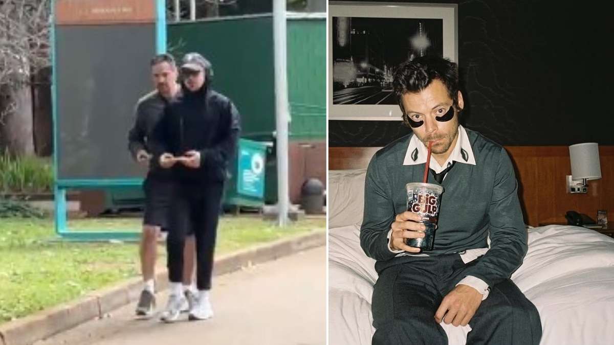 Harry Styles é flagrado no Parque Ibirapuera, em São Paulo, antes de uma apresentação; à esquerda, caminhando no local, e à direita, sentado em hotel com bebida na mão.