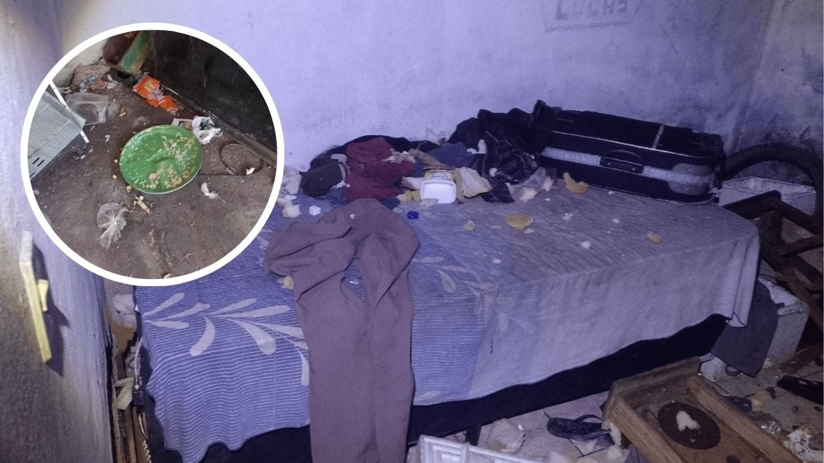 Cômodo interno com cama e roupas espalhadas, com detritos no chão e insetos visíveis; no detalhe, um ambiente com objetos abandonados, sugerindo cárcere privado e abandono de idosa resgatada em Capivari.