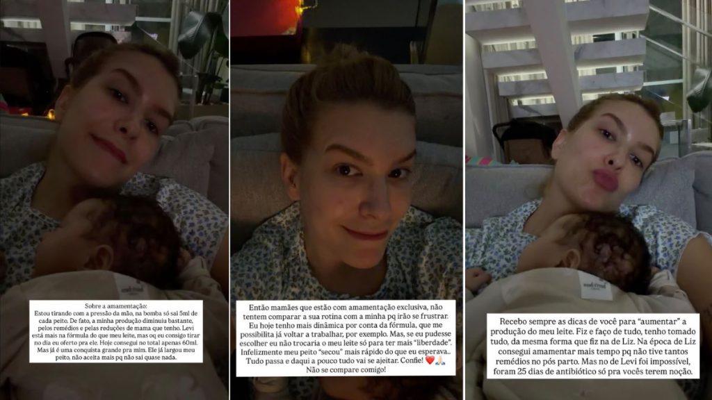 Lore Improta em fotos sentada em uma cama, segurando o bebê no colo, enquanto aparecem frases de desabafo sobre amamentação e leite “secou”.