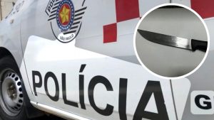Viatura da Polícia Civil com a palavra “POLICIA” e detalhe de uma faca apreendida, em contexto de suspeita de tentativa de feminicídio em Limeira.