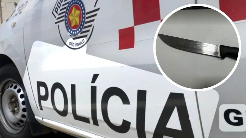 Viatura da Polícia Civil com a palavra “POLICIA” e detalhe de uma faca apreendida, em contexto de suspeita de tentativa de feminicídio em Limeira.