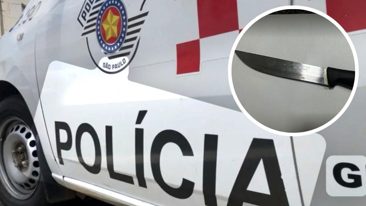 Viatura da Polícia Civil com a palavra “POLICIA” e detalhe de uma faca apreendida, em contexto de suspeita de tentativa de feminicídio em Limeira.