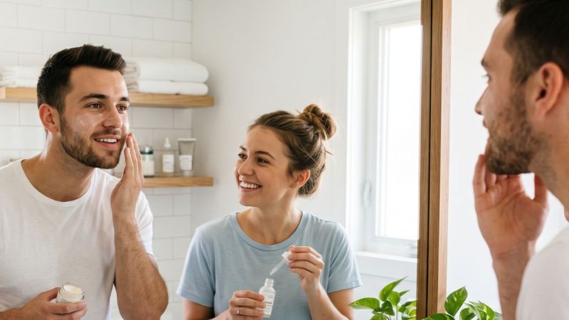 Homem aplicando creme no rosto em casa, em frente ao espelho, com rotina de skincare masculino e produtos de cuidados com a pele ao fundo.