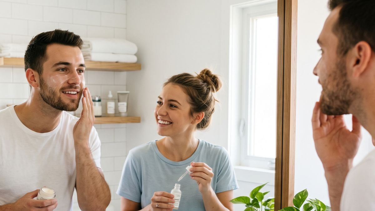 Homem aplicando creme no rosto em casa, em frente ao espelho, com rotina de skincare masculino e produtos de cuidados com a pele ao fundo.