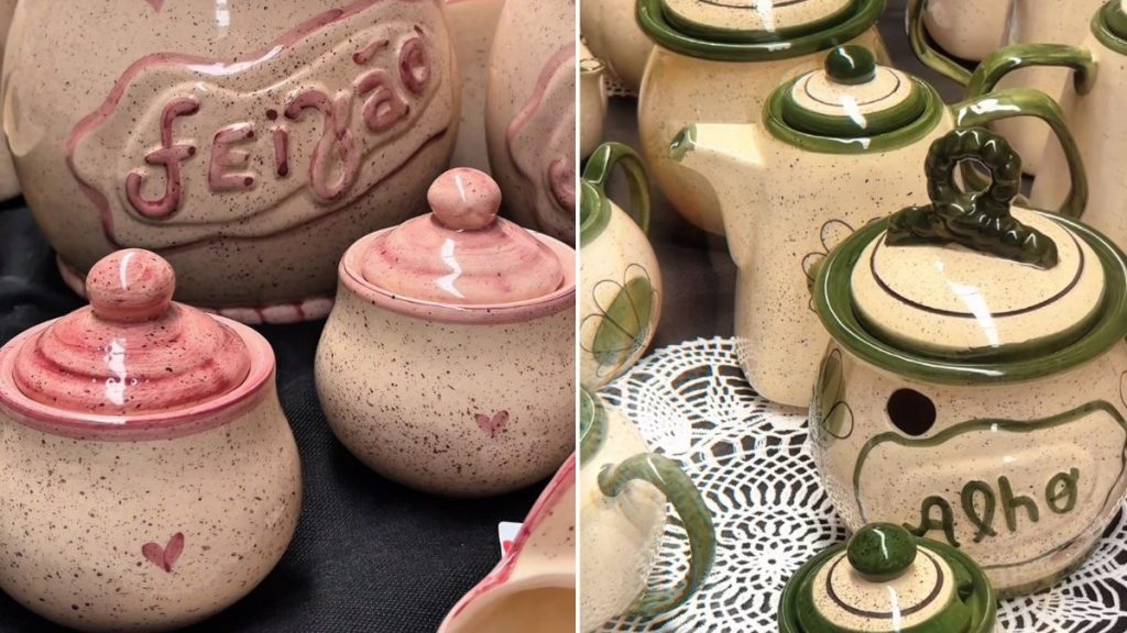ExpoGaúcha em Santos: close de peças artesanais em cerâmica pintadas, com potes e panelas decorativas de cores rosadas e verdes, com tampas e detalhes, destacando o artesanato do Sul.