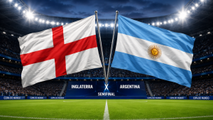 Imagem da semifinal Inglaterra x Argentina no estádio, com as bandeiras da Inglaterra e da Argentina ao vento, luzes no fundo e campo de futebol ao centro.