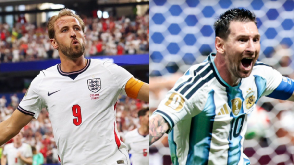 Foto de Lionel Messi e Harry Kane em destaque, comemorando em campo, representando a disputa entre Argentina e Inglaterra por vaga na final da Copa do Mundo.