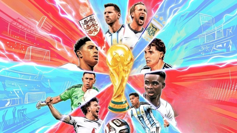Ilustração em estilo esportivo para Inglaterra x Argentina com jogadores de camisas brancas e listradas, bola e taça no centro, em fundo com cores vibrantes e arquibancadas